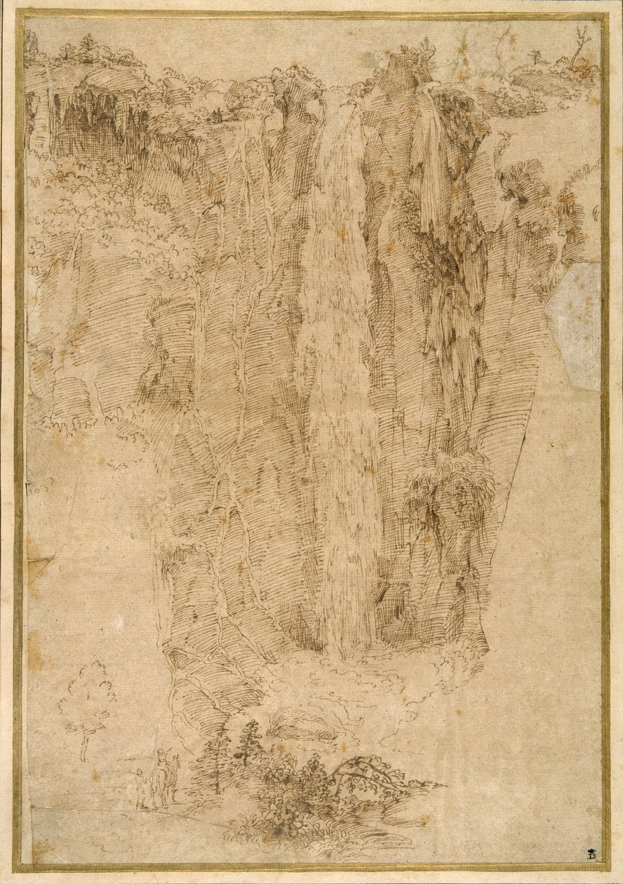 Landscape with a cascade; at the foot, two men, one mounted by Domenichino