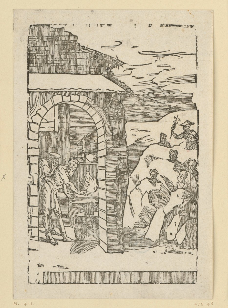 The Call of the Metals. Hephaestus (Vulcan) and a Scholar Stand by the Fire of a Forge, While Outside in the Rocks the Gods (as Representatives of the Metals) are Hidden: Saturn (Lead), Jupiter (Tin), Venus (Copper), Luna (Silver), Mercury (Quicksilver) by Domenico Beccafumi