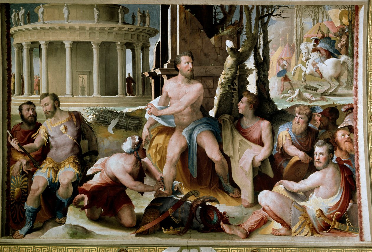 The Sacrifice of Codros, King of Athens. In the war against the Dorians, the last legendary king of Athens Codros died after learning from an oracle that victory would come to the people whose leader would be killed. Fresco by Domenico di Giacomo di Pace d by Domenico Beccafumi