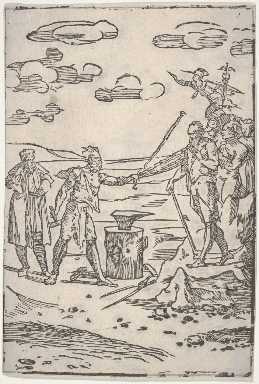 The Forger Standing by an Anvil Pulling a Man in Chains, from "The Various Operations of Alchemy" by Domenico Beccafumi