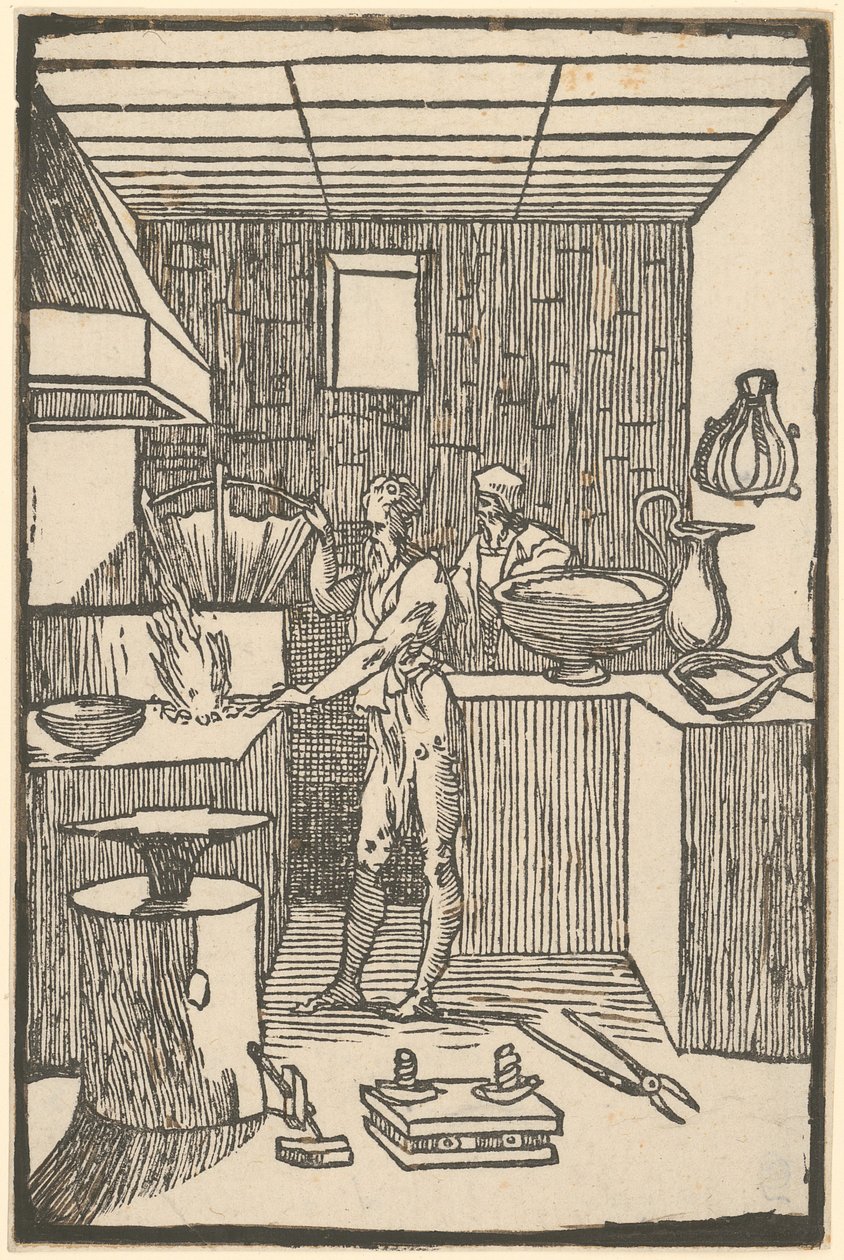 Vulcan at the Forge Making Small Devices, Plate 8 from the series "De la Pirotechnia" by Domenico Beccafumi