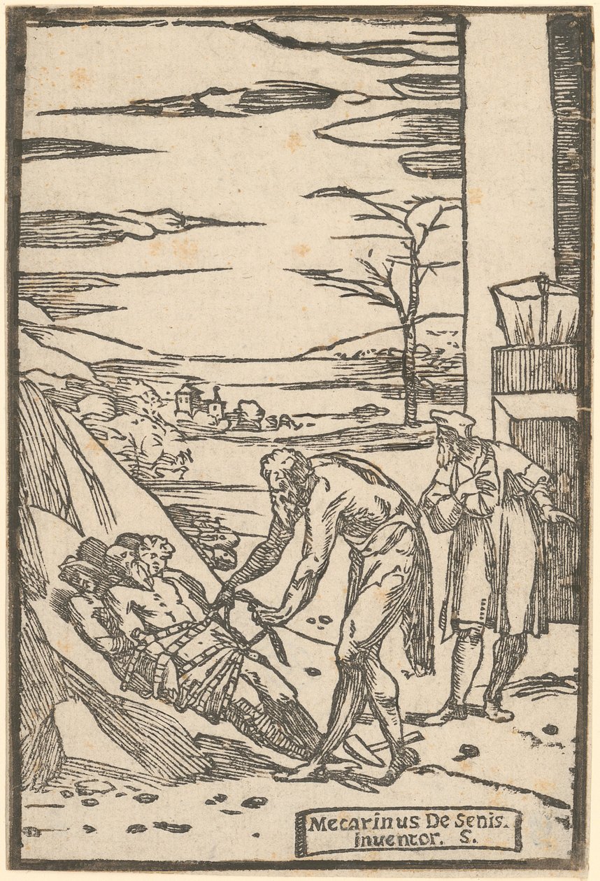 Vulcan binds the captured metals with a chain, Plate 4 of the series "De la Pirotechnia" by Domenico Beccafumi