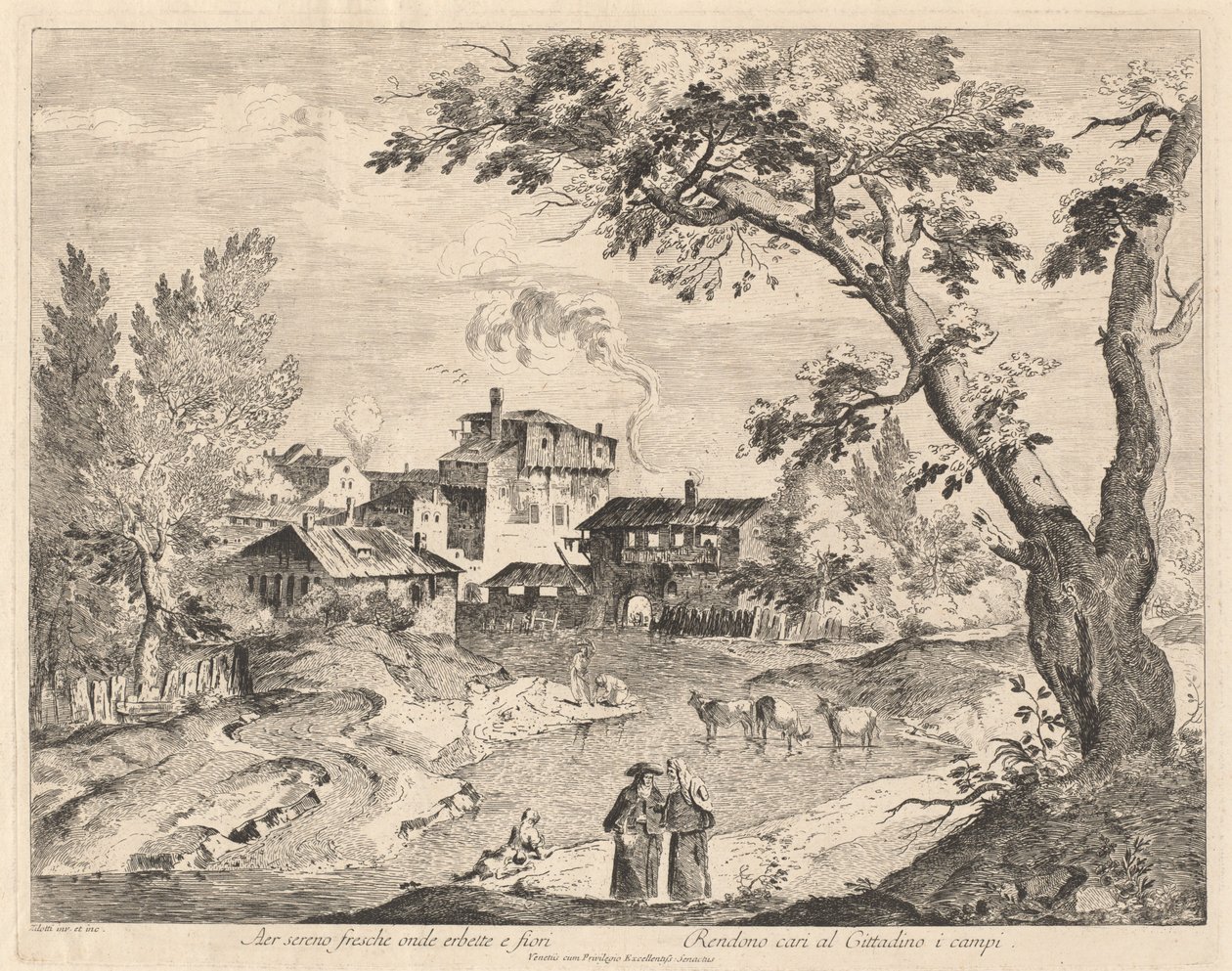 Rustic Village along a River with Travelers by Domenico Bernardo Zilotti