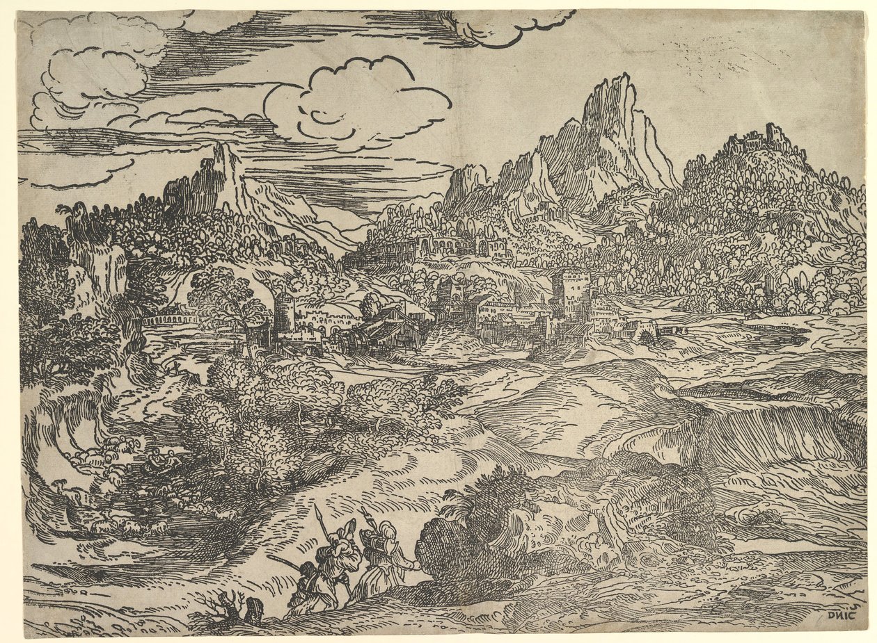 Landscape with Family Walking Together in the Foreground, at Left Two Figures by Domenico Campagnola