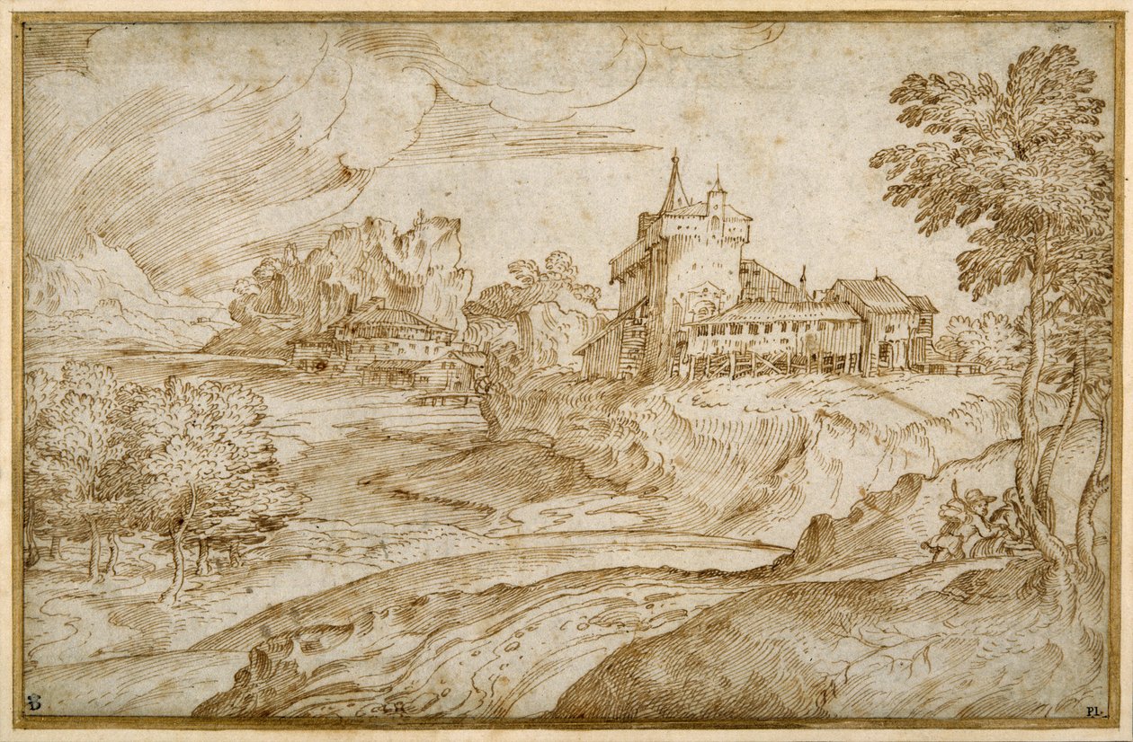 Mountainous landscape with a castello and other buildings by a river; a man hurrying a woman, c.1540 by Domenico Campagnola