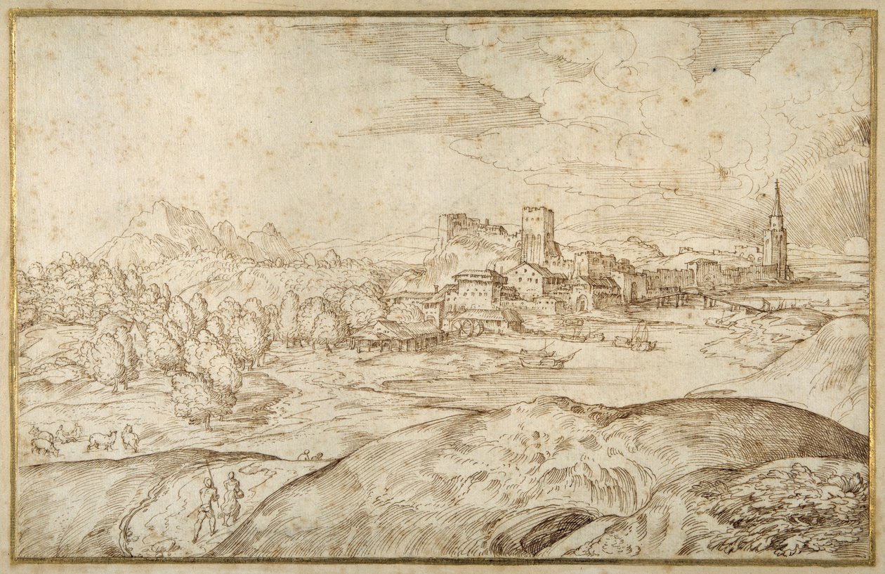 Mountainous Landscape with a River, and a Fortified Town with a Spired Tower by Domenico Campagnola