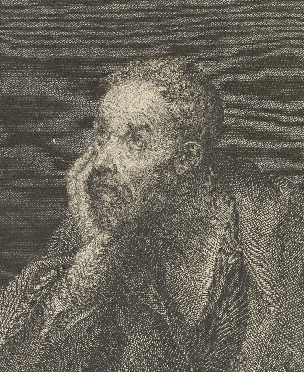 An old bearded man resting his head on his right hand and looking upwards to the left, aft..., 1775 by Domenico Cunego
