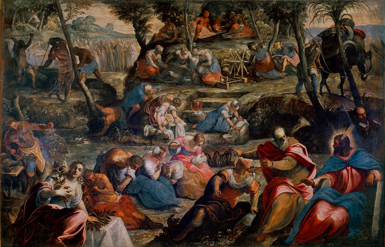 The Recollection of Manna (Jews in the Desert). Scene of the Old Testament: God feeds Israelites who would die of hunger for quail eggs and manna. On the right, Aaron and Moses. Painting by Jacopo Robusti dit Tintoretto by Domenico Robusti Tintoretto