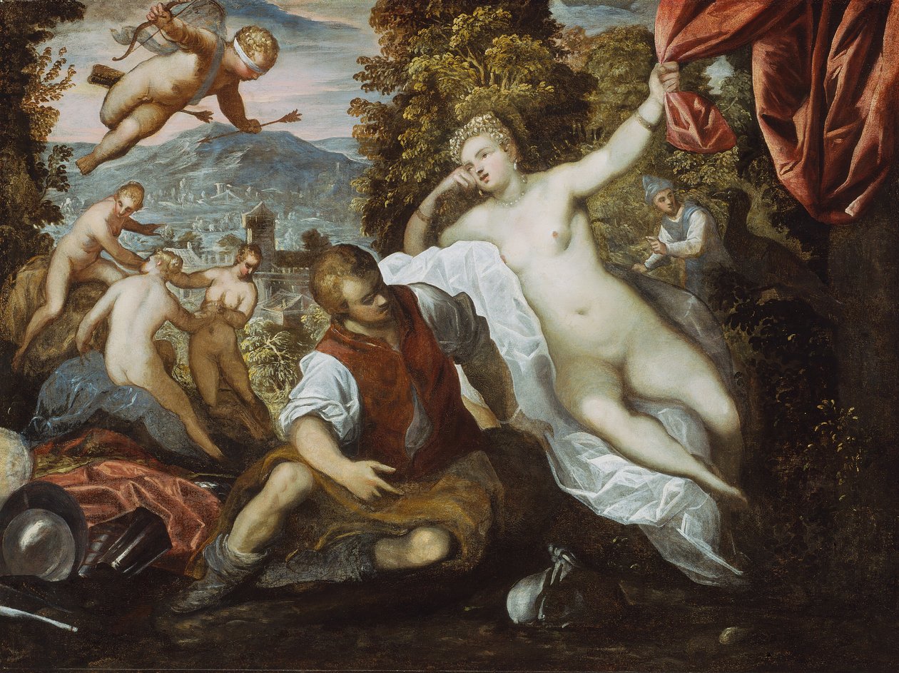 Venus and Mars with Cupid and the Three Graces in a Landscape, 1590-95 by Domenico Tintoretto