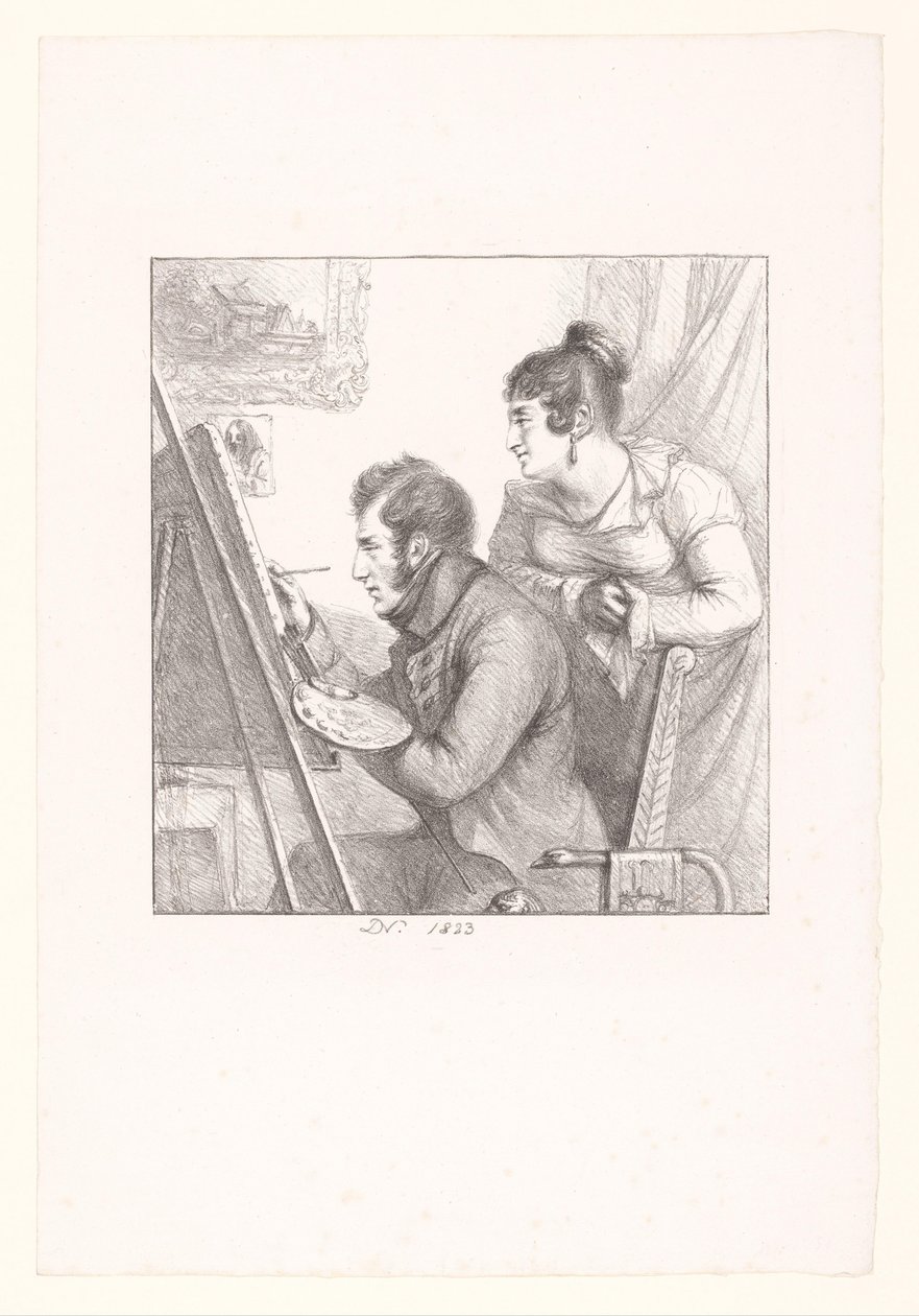 Self-Portrait of the Artist in Action with Watching Woman by Dominique Vivant Denon (baron)