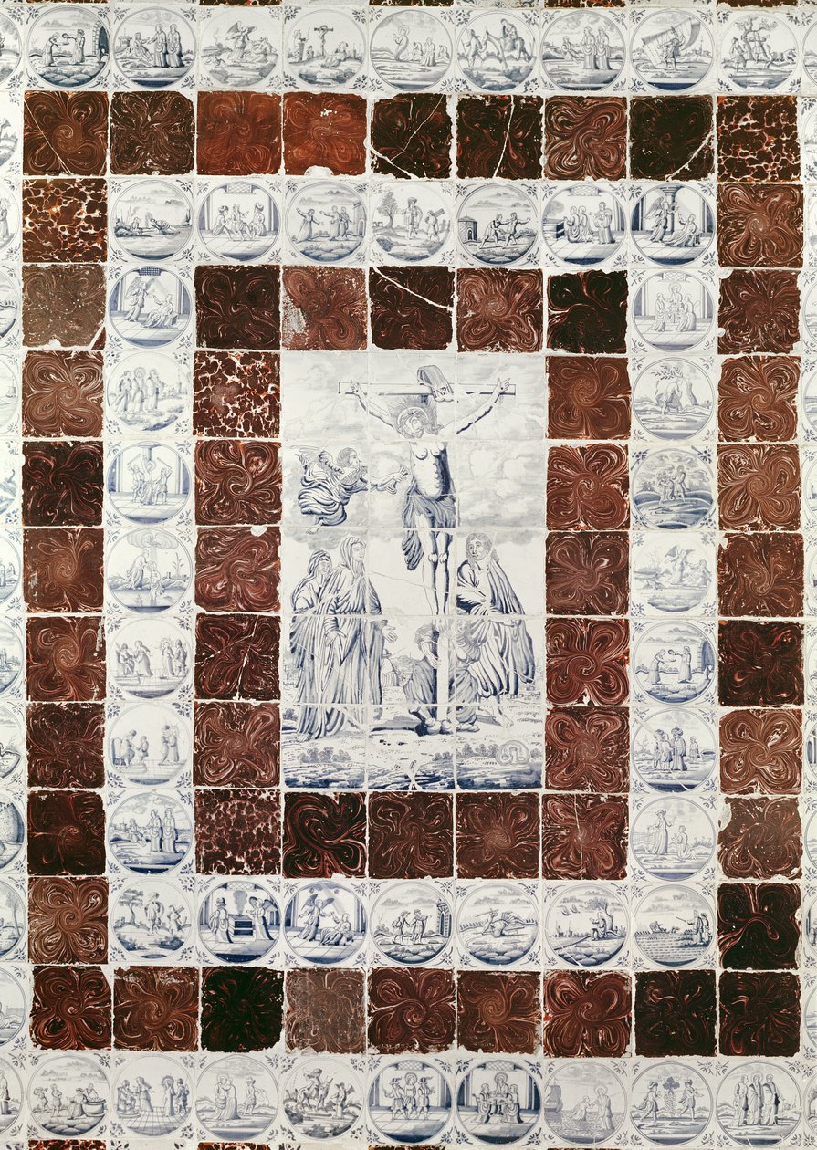Delft Tiles Depicting the Crucifixion with a Border of Tiles with Scenes from the Old and New Testaments by Dutch School