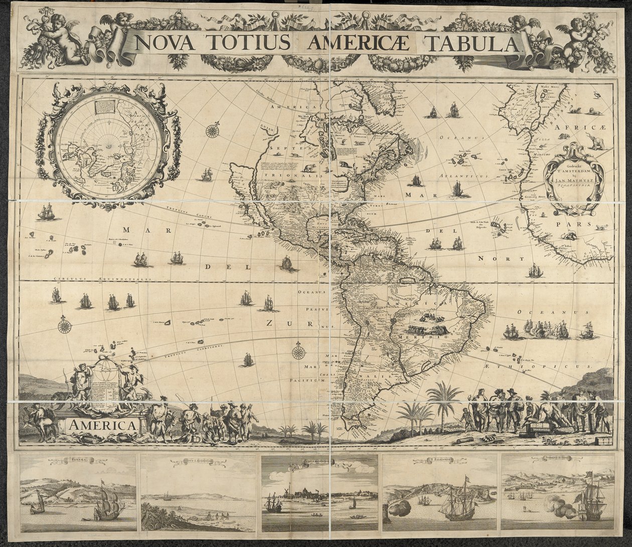 Map of America, Nova Totius Americae Tabula, with Views of Panama, Caput S. Augustini, Nieu Amsterdam, S. Salvador, Nombre D. Dios by Dutch School