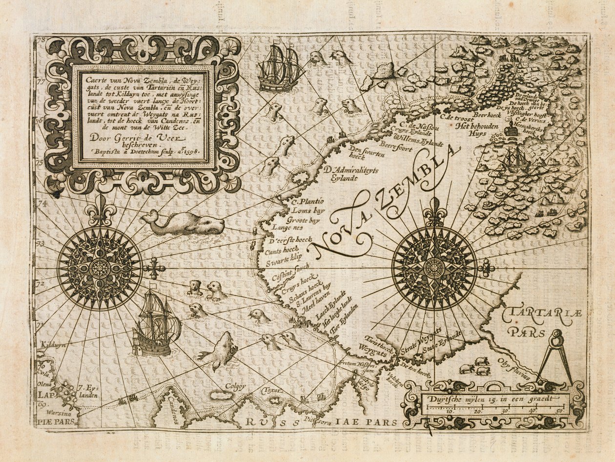 Map of the newly discovered Nova Zembla, illustration from Diarium Nauticum, seu vera descriptio trium navigationum admirandarum... by Gerrit de Veer by Dutch School