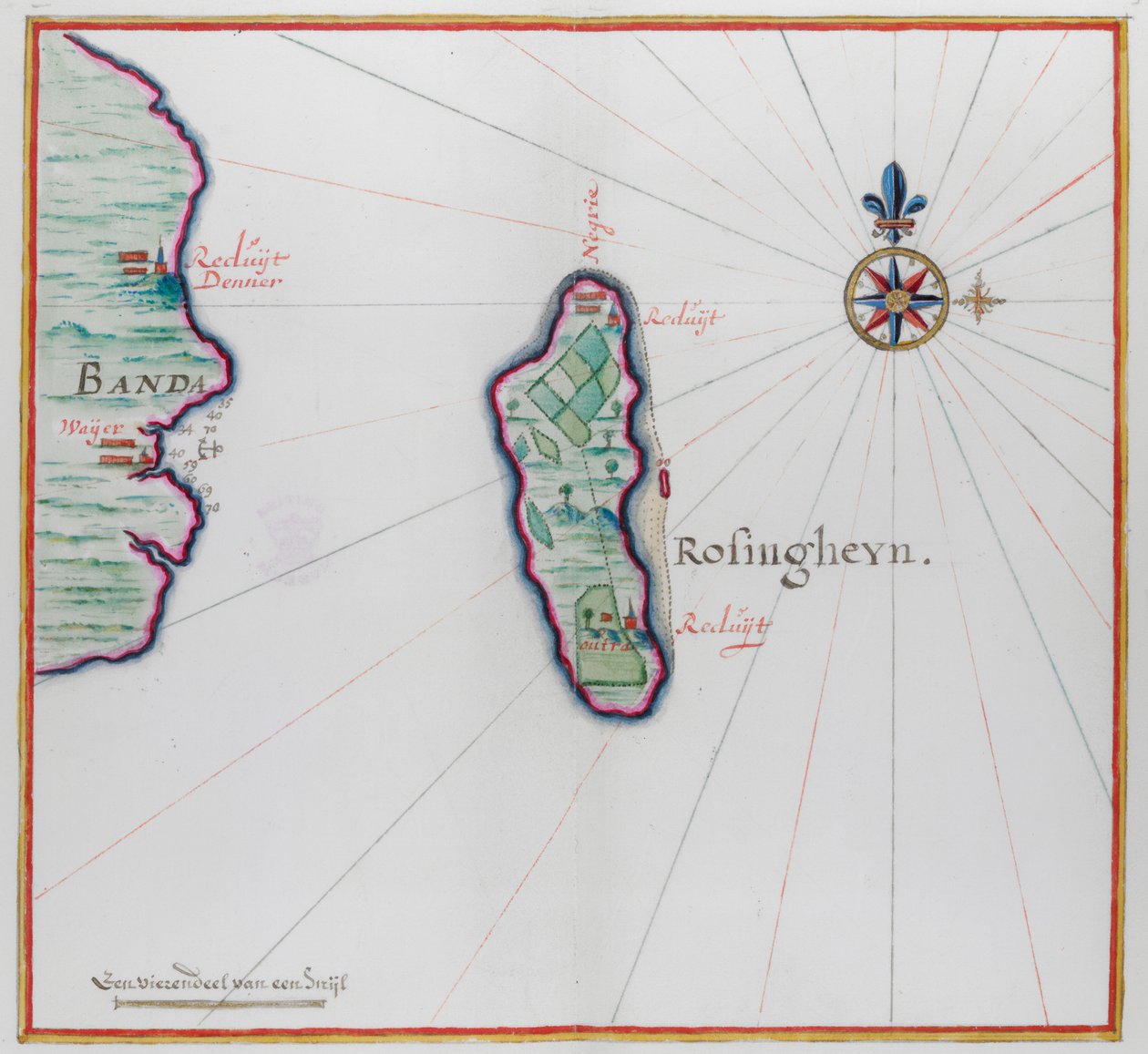 Map showing small part of Banda Besar (Lonthoir) and Hatta (Rosengain). The Banda islands, part of the Indonesian province of Maluku by Dutch School
