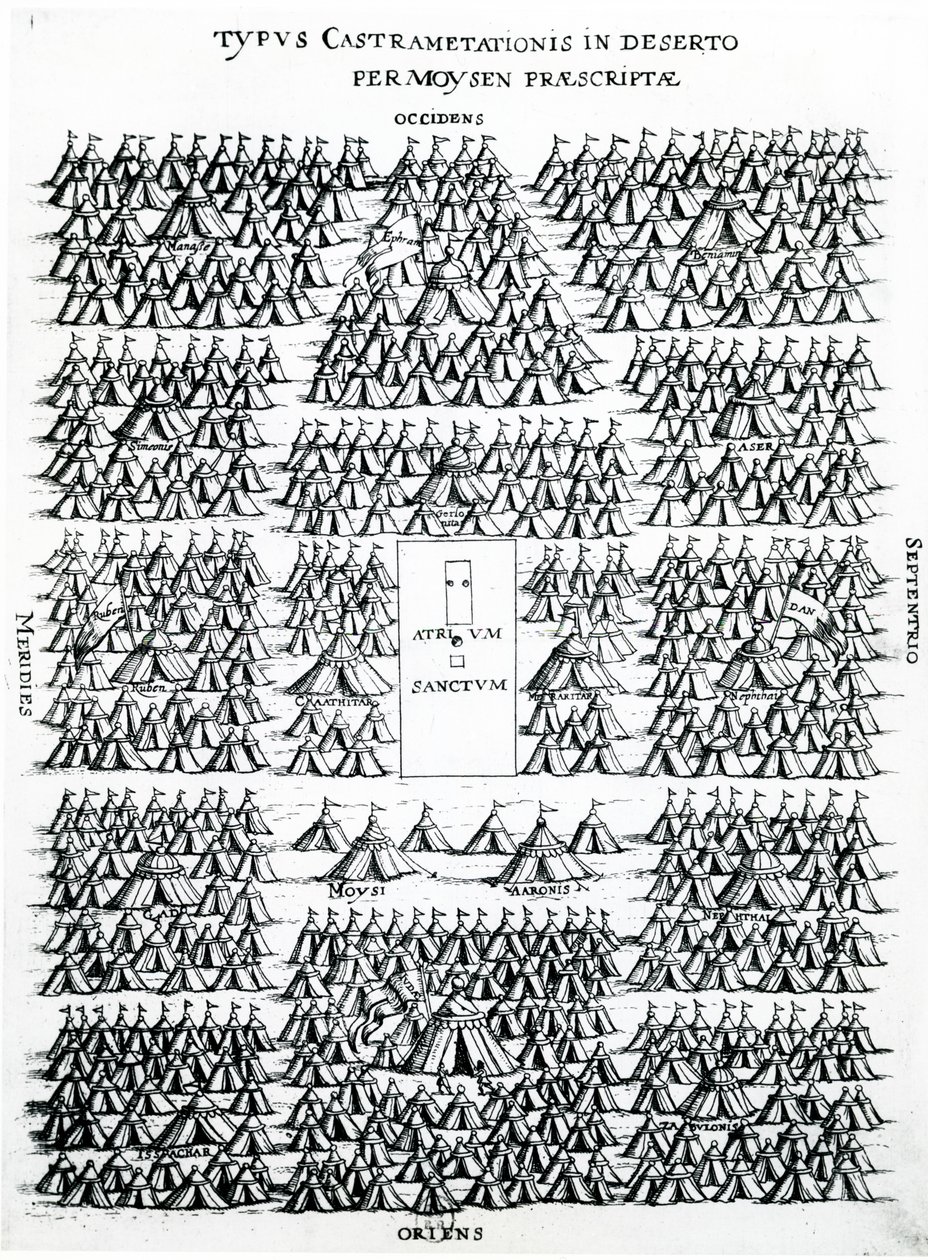 The Encampment of the Israelites in the Desert with the tents of Moses and Aaron, in the centre the Sacred Hearth, published in Holland by Dutch School