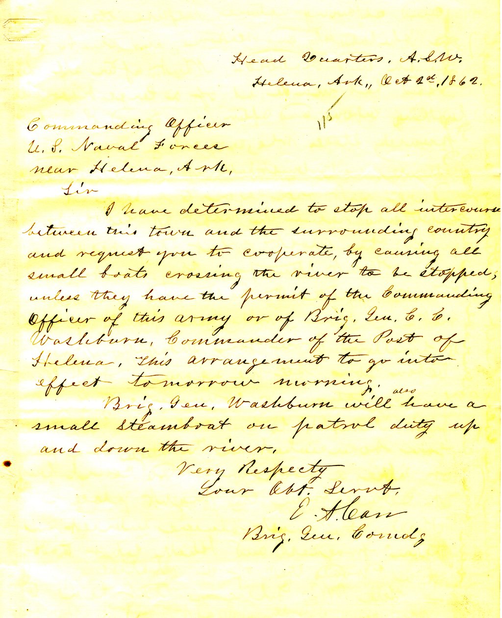 Letter from E. A. Carr, Helena, Arkansas, to the commanding officer of U.S. Naval forces near Helena, Arkansas, October 2, 1862 by E.A. Carr
