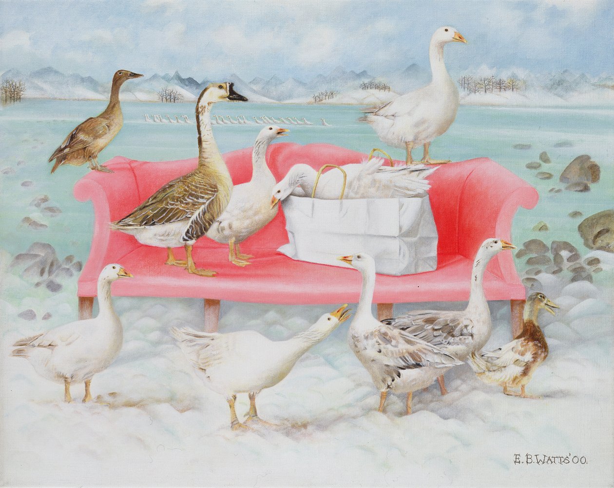 Geese on Pink Sofa, 2000 by E.B. Watts