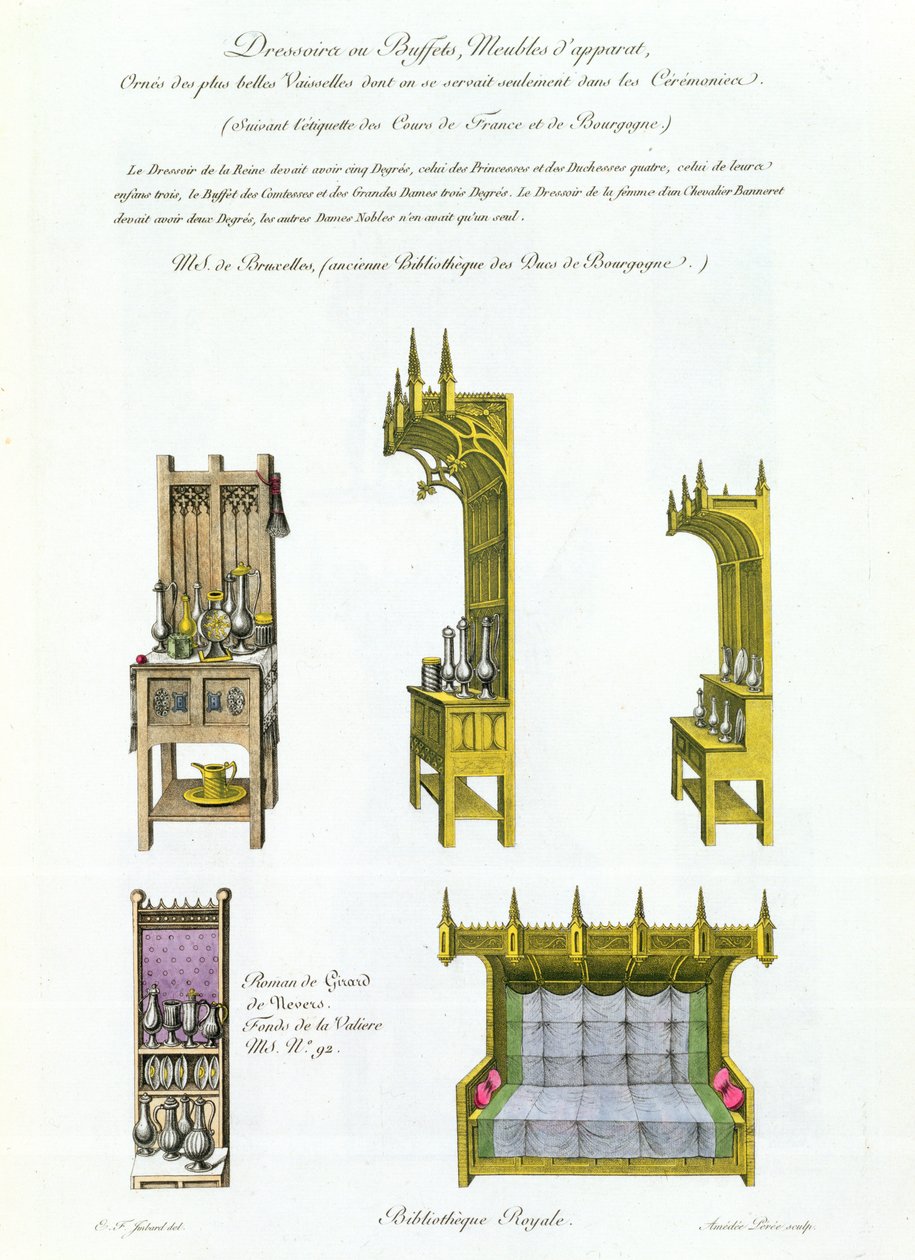 Fifteenth century French and Burgundian furniture, from Monuments Francais, lithograph by Amedee Peree, 1839 by E.F. Imbard