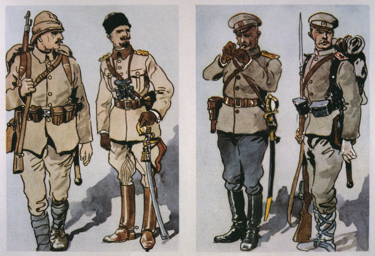 Turkish Infantryman and Officer and Bulgarian Infantry Officer and Foot Soldier of 1917 by E. (after) Dobrich