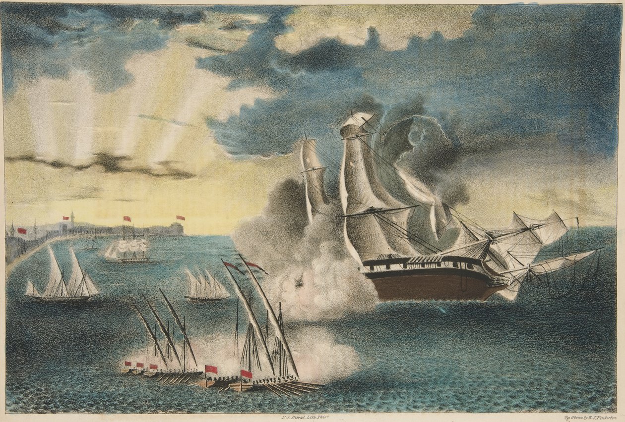 The U.S. Frigate Philadelphia on the rocks off Tripoli from Army and Navy Magazine, pub. 1840 by E. J. Pinkerton