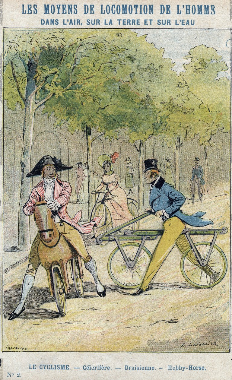 Velocipedes - English celerifere - Draisienne, ancestor of the bicycle by E. Letellier