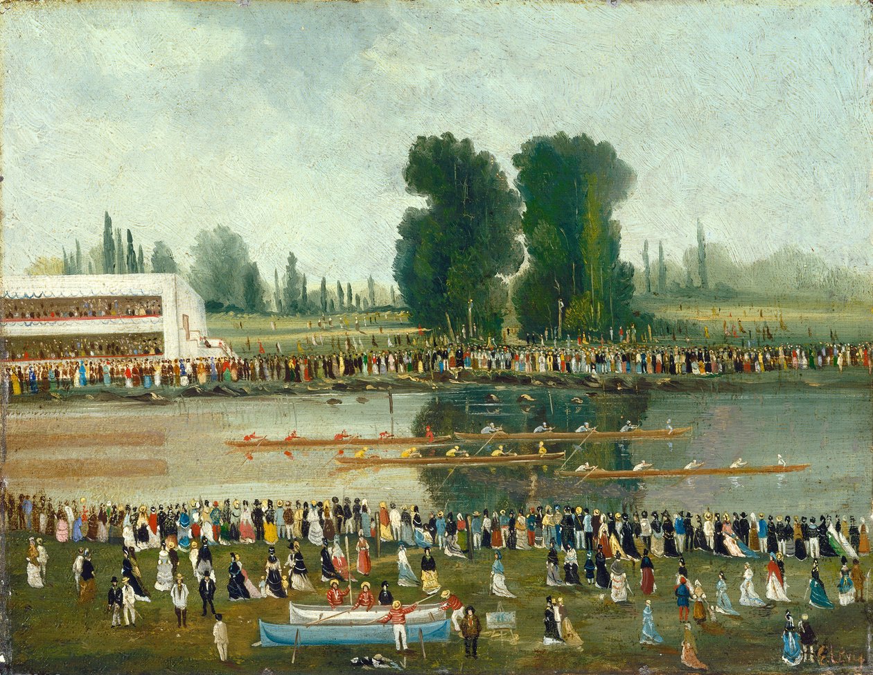 Rowing Scene: Crowds Watching from the River Banks, late 19th century by E. Levy