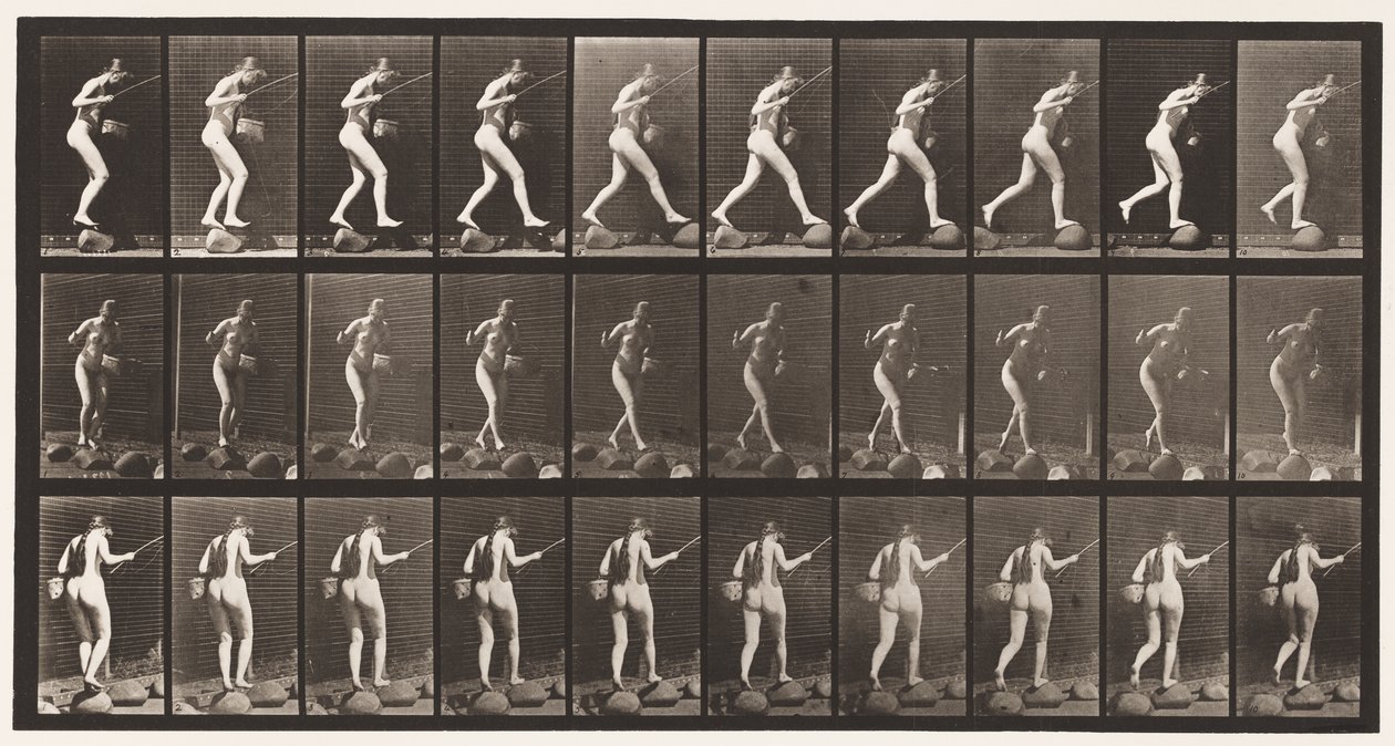 Plate 176. Crossing Brook on Stepstones with Fishing-Pole and Basket by Eadweard Muybridge