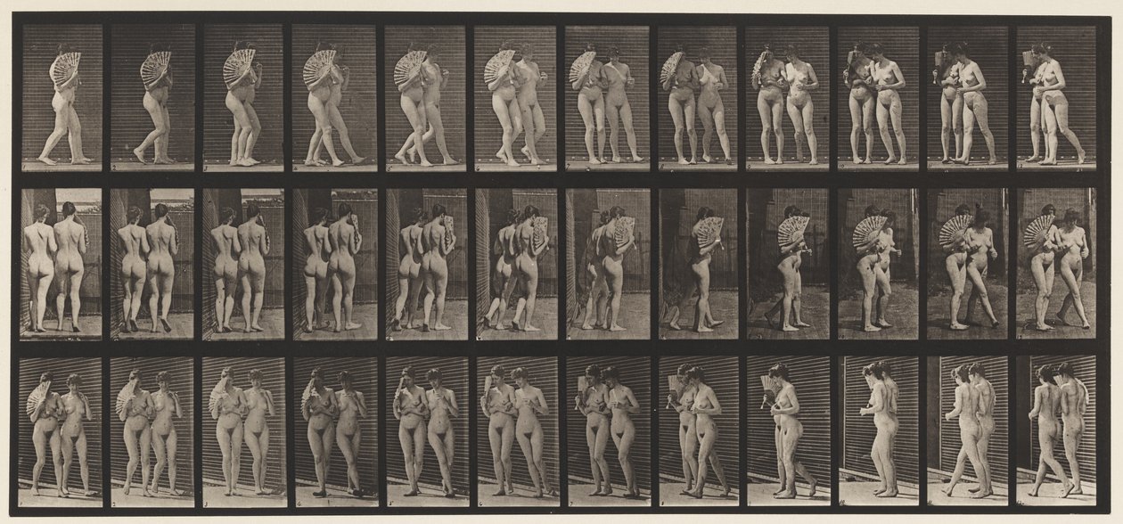 Plate 54. Walking, Two Models, One Flirting a Fan, Arm in Arm by Eadweard Muybridge