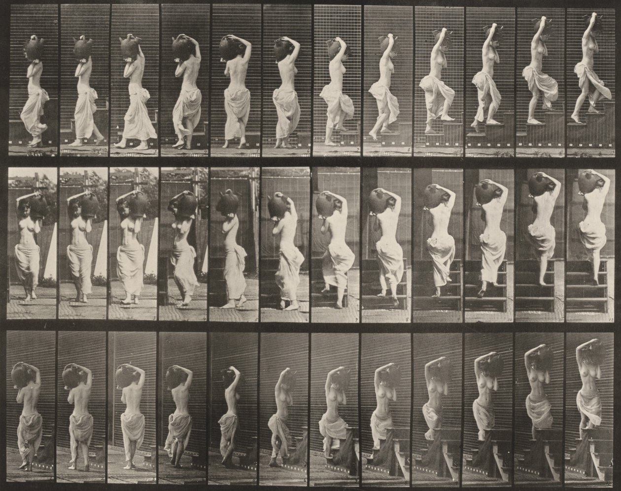 Plate Number 105. Turning and Ascending Stairs, a Water Jar on Left Shoulder by Eadweard Muybridge