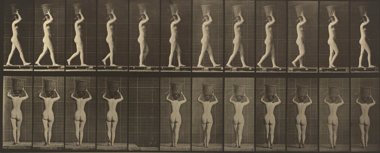 Plate Number 34. Walking and Carrying a 15-lb. Basket on Head, Hands Raised, 1887 by Eadweard Muybridge