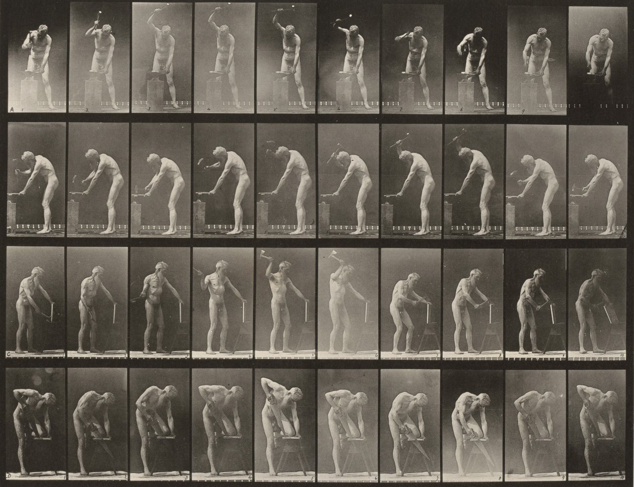 Plate Number 491. A, B: Hammering at an Anvil. C: Using a Hatchet. D: Sawing a Board by Eadweard Muybridge