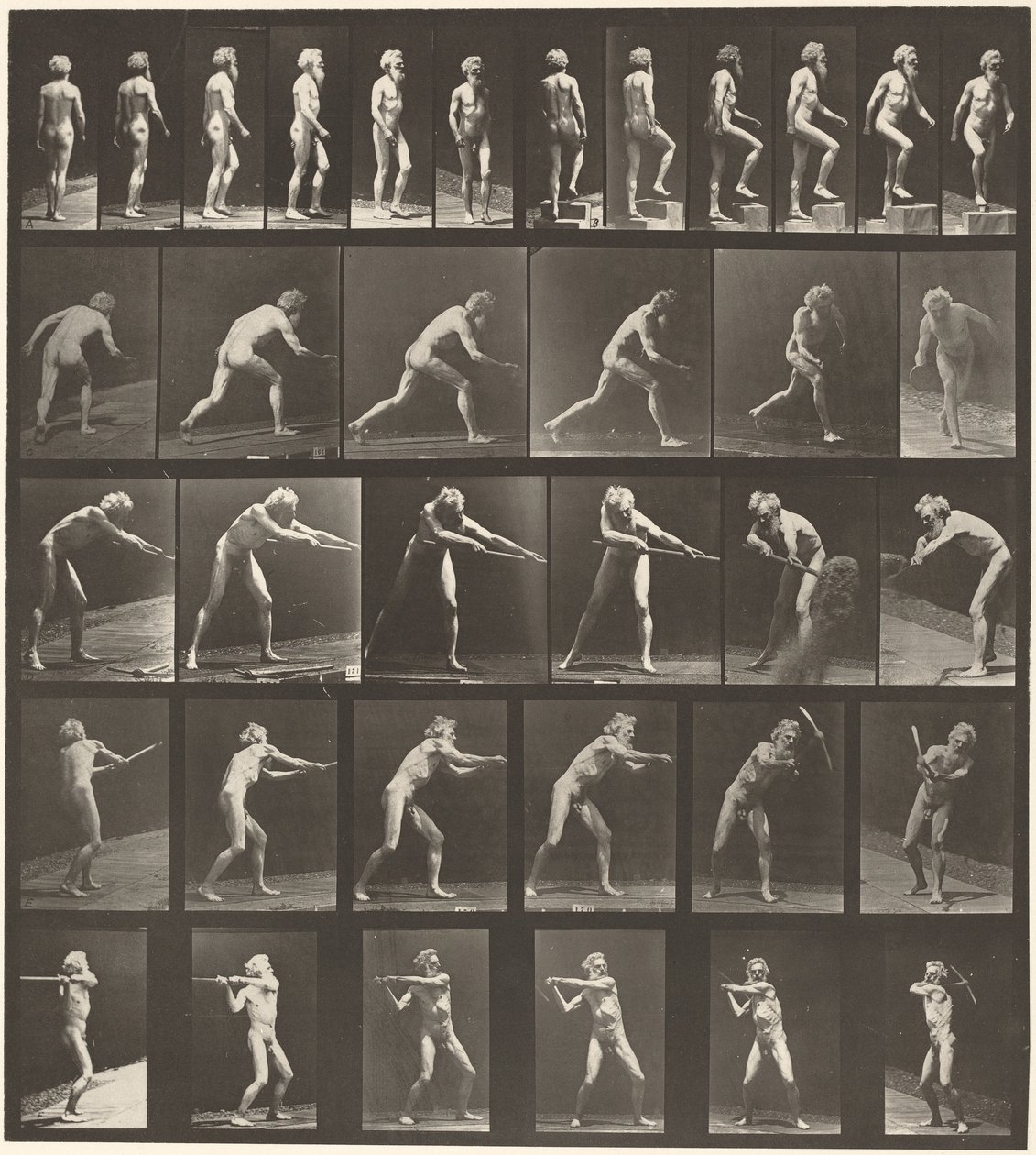 Walking, Ascending Step, Throwing Disk, Using Shovel, Using Pick, 1887 by Eadweard Muybridge