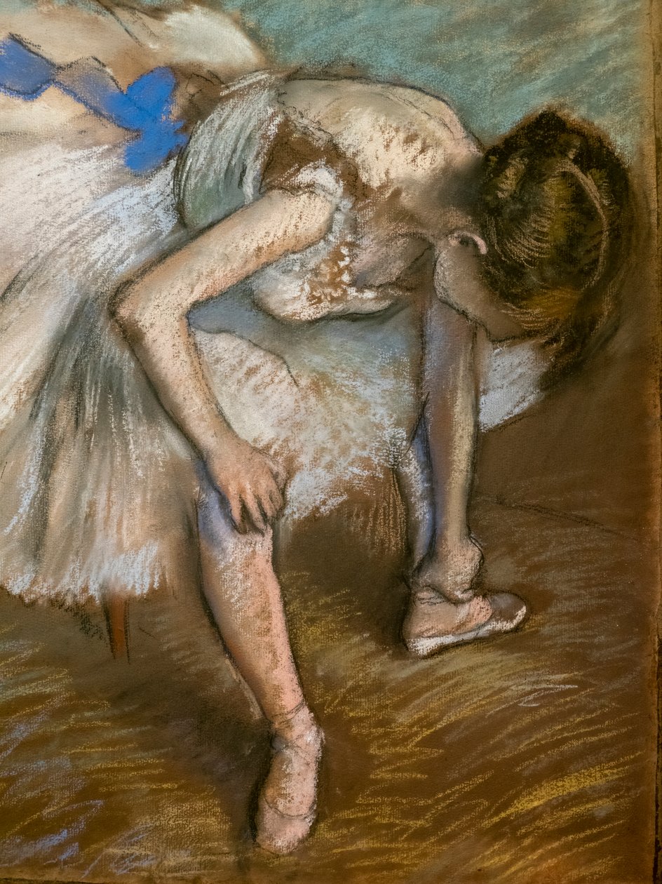 Sitting dancer massaging the foot (detail). 1881-1883. Pastel on brown paper glues on cardboard. by Edgar Degas