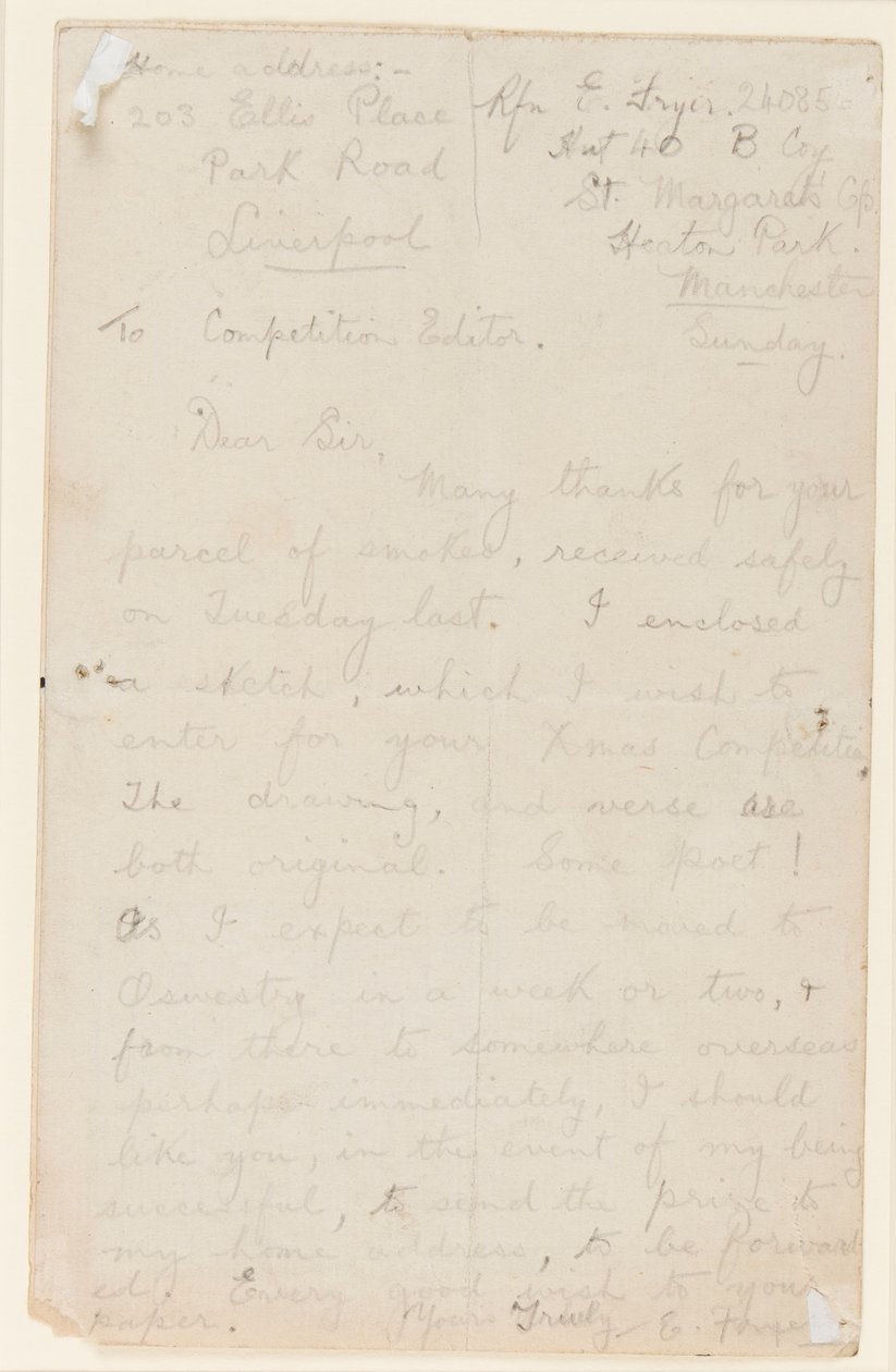 Letter to a Newspaper Competition Editor, 1914-18 by Edgar Fryer