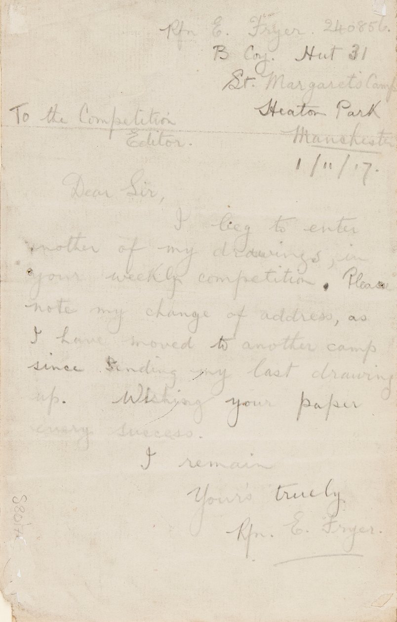 Letter to a Newspaper Competition Editor, 1 November 1917 by Edgar Fryer