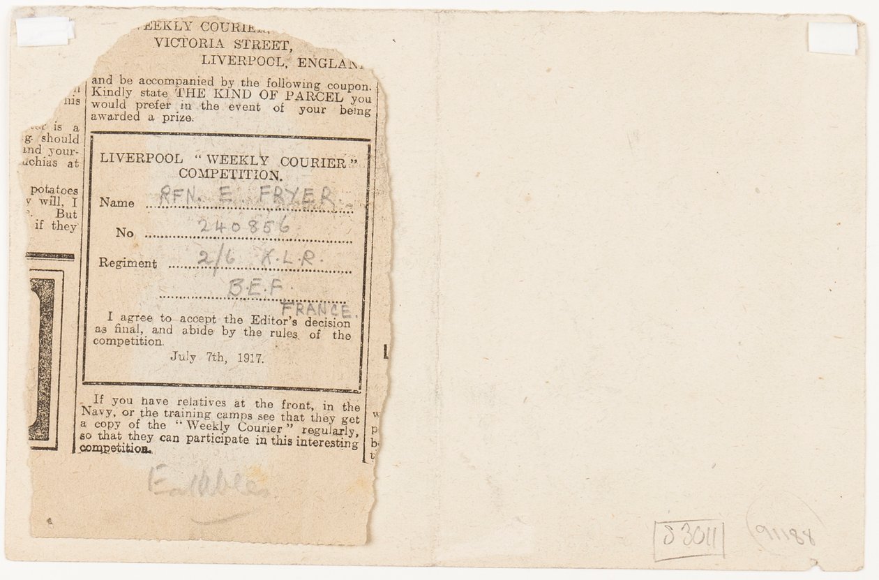 Submission to a Newspaper Competition Editor, 1917 by Edgar Fryer