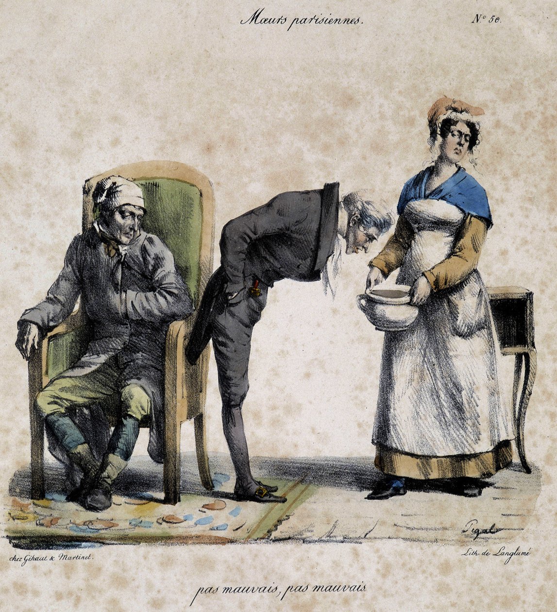 Sick, doctor looking in the pot and servant. Cartoon of Parisian morals by Pigal (19th century), preserved at the Musee Dobree in Nantes by Edme Jean (after) Pigal