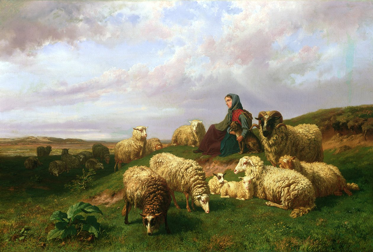 Shepherdess Resting with Her Flock by Edmond Jean-Baptiste Tschaggeny