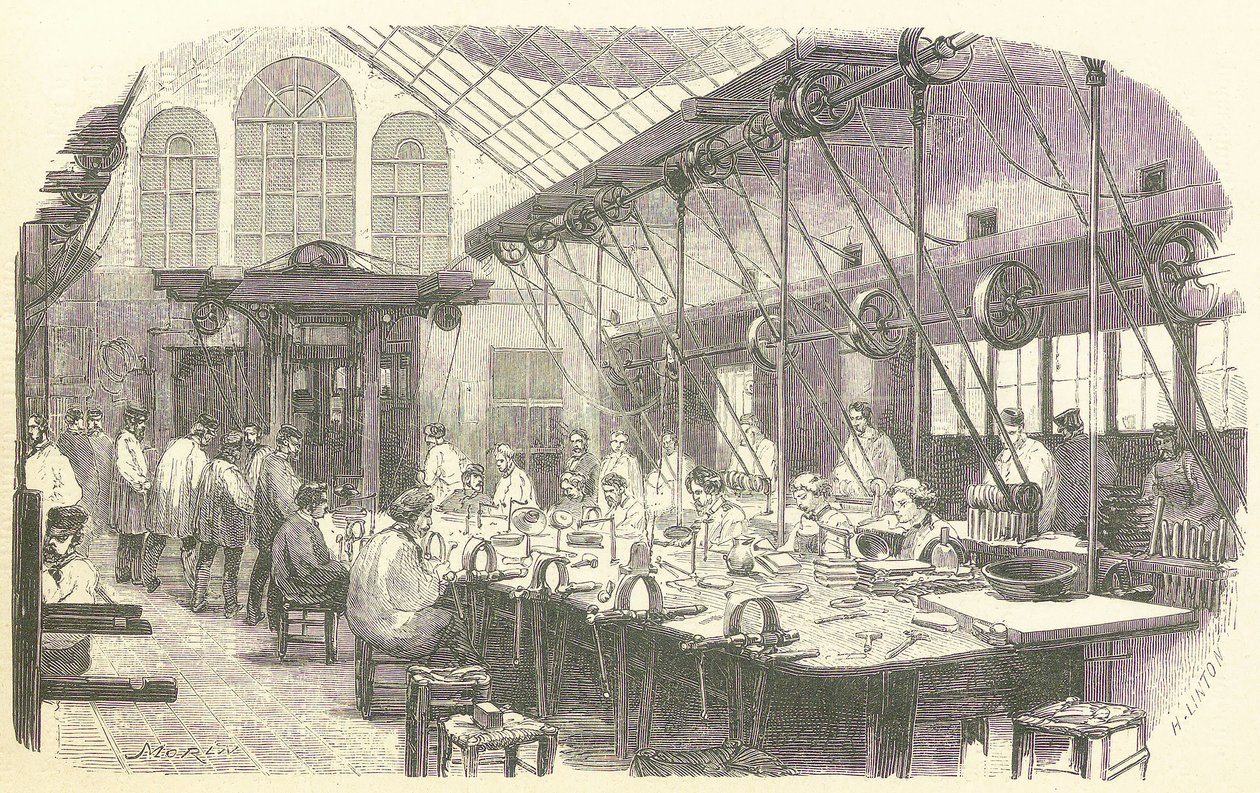 Silversmiths at Work at the Christofle Flatware Factory in Paris, Published 1875 (engraving) by Edmond Morin
