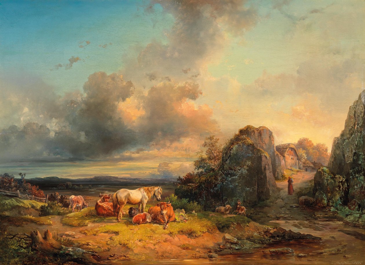 Animal Herd and Figurative Staffage in Front of a Wide Landscape by Edmund Mahlknecht