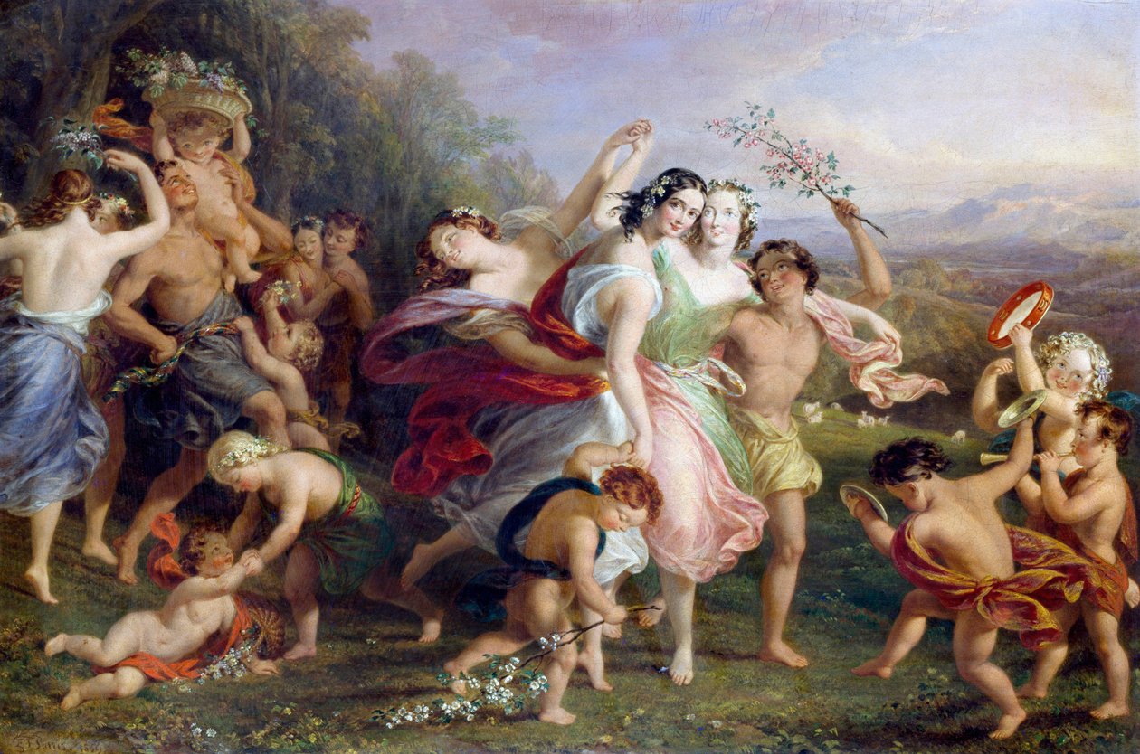May Morning: Dance and Rounds of Woodland Characters, Children Crowned with Flowers. Painting by Edmund Thomas Parris, 1859 by Edmund Thomas Parris
