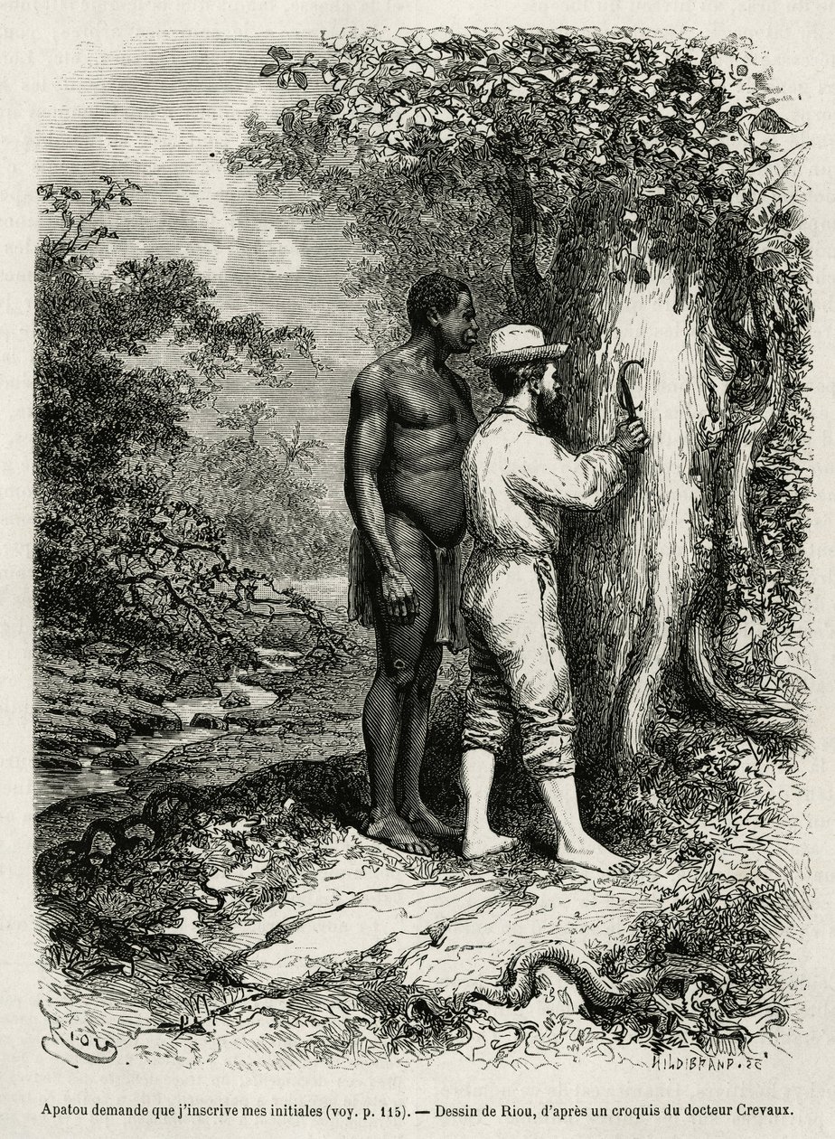 Apatou, guide and travel companion asks the explorer author to engrave his initials in the bark of a tree (engraving by Riou, to illustrate the story 