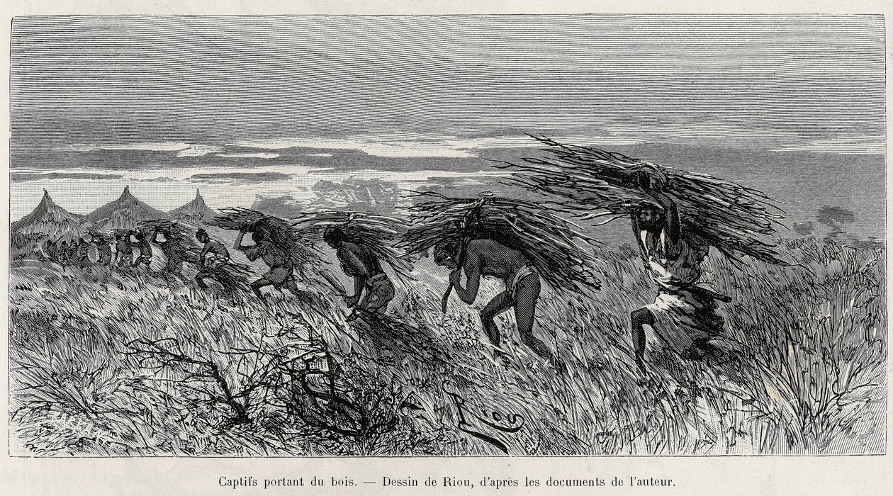 Captives carrying wood in the bush. Engraving by Riou, to illustrate the story 