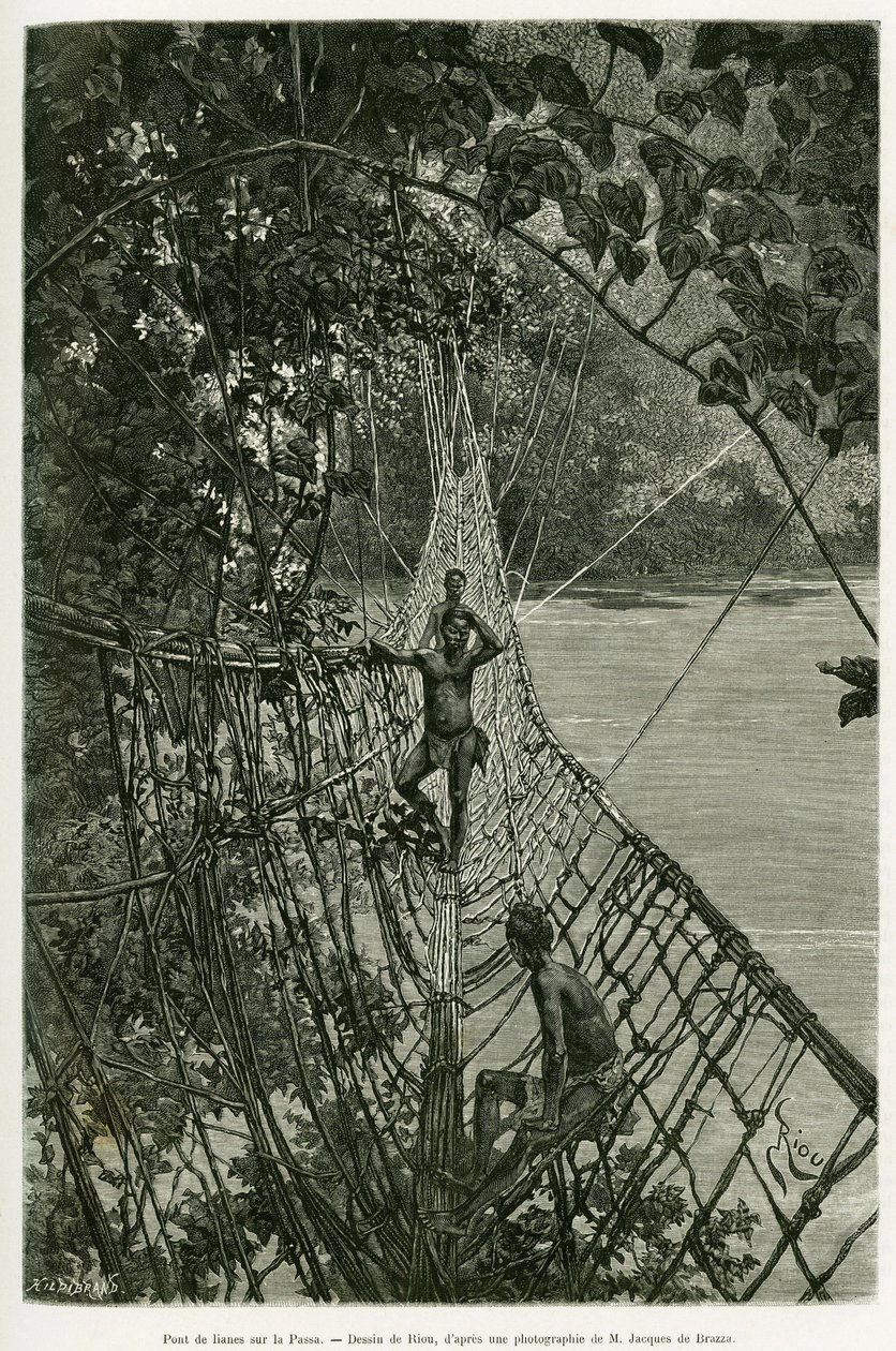 Liana bridge over the Passa. Engraving to illustrate the story Voyages dans l