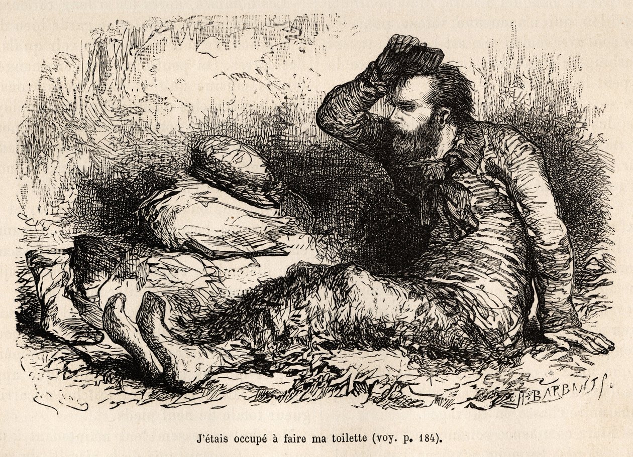 Lieutenant Tyson occupied his morning toilet, a comb before putting on his boots, etched after a drawing by E. Riou, illustrating the story of the Polaris, ice raft by Edouard Riou