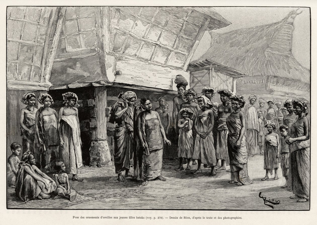 Playing ear ornaments to Batak girls, ethnic group of northern Sumatra. Engraving by Riou to illustrate the story 