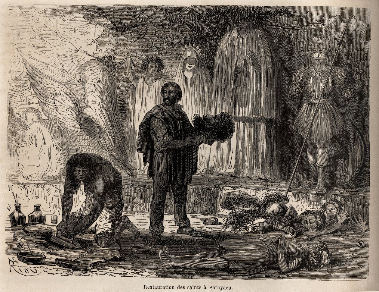 Restoration of statues of saints in Sarayacu (Peru), drawing by Riou, to illustrate Paul Marcoy
