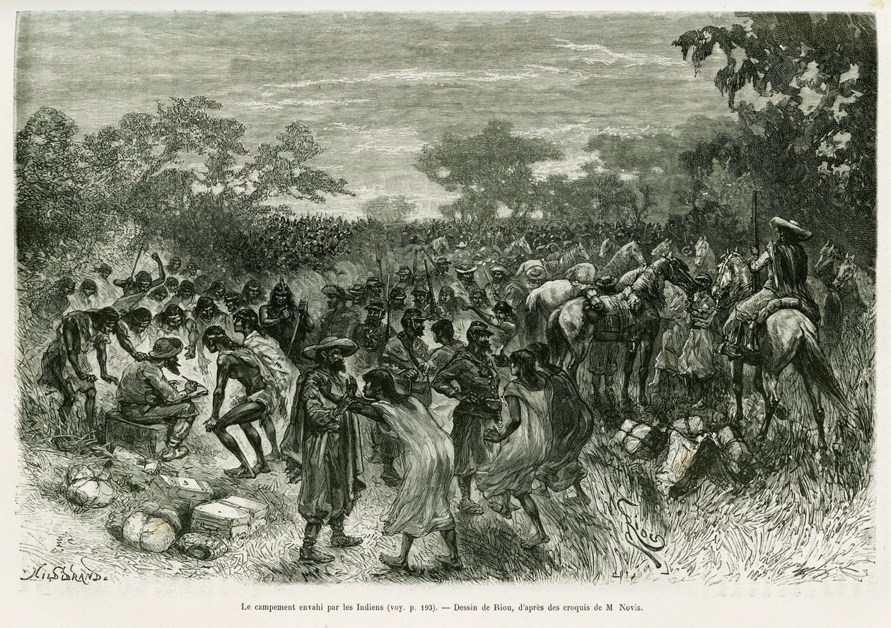 The camp invaded by the Indians. Engraving by Riou, to illustrate the ...
