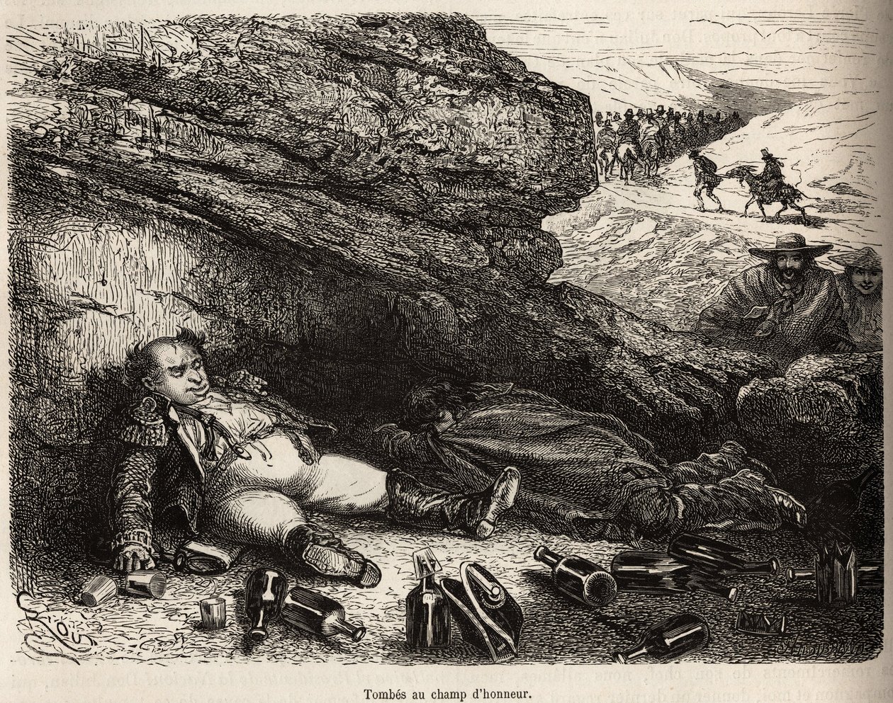 The colonel of the genie and his aide-de-camp hiding after a small fete. Engraving by E. Riou illustrating a voyage by Edouard Riou