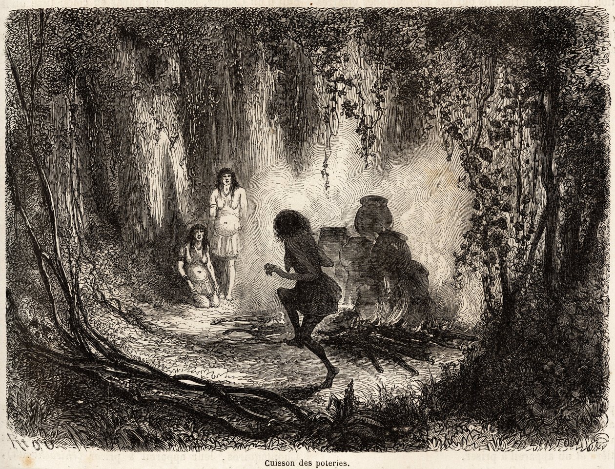 The cooking of pottery by the Conibo Indians of Peru, with the presence of an old woman who sings and dances around the fire to prevent evil spirits from coming to touch and break the pottery, drawing by Riou to illustrate the voyage, from 1848 to 1860, of by Edouard Riou